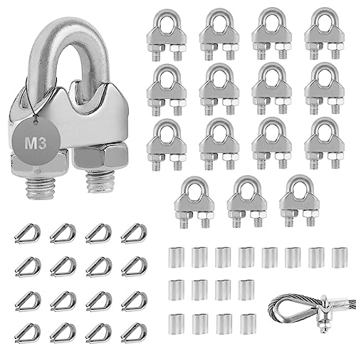 EXLECO 16er Drahtseilklemme 3mm Seilklemme Stahlseil Edelstahl Bügeform Drahtseil Clip Seil Bügelseilklemme mit Aluminiumhülsen Kauschen für Stahlseil Stahlkabel Stahldraht Wäscheleine Markise Fixiert von EXLECO