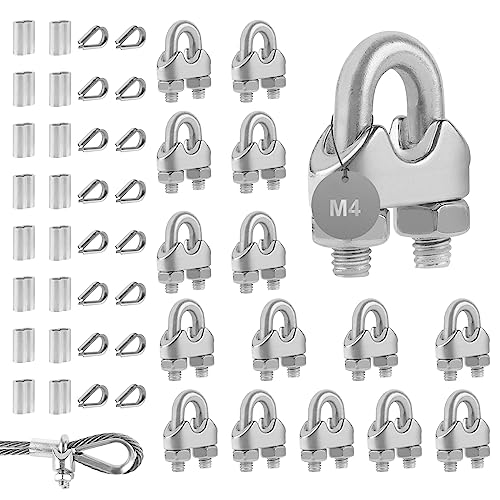 EXLECO 16er Drahtseilklemme 4mm Seilklemme Stahlseil Edelstahl Bügeform Drahtseil Clip Seil Bügelseilklemme mit Aluminiumhülsen Kauschen für Stahlseil Stahlkabel Stahldraht Wäscheleine Markise Fixiert von EXLECO