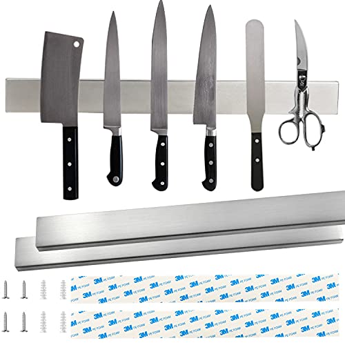 EXLECO 2 Stücke Messer Magnetleiste Edelstahl, 40cm Messerhalter Magnetisch, Magnet Messer Halterung zum Selbstkleben oder Bohren, Leichter und Starker Magnet, für Küchenutensilien oder Werkzeugen von EXLECO
