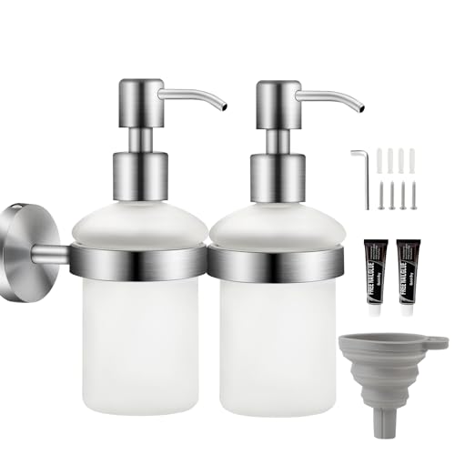EXLECO 2 Stücke Seifenspender Wandmontage Seifenspender-Set Bohren & Selbstklebend aus Edelstahl 304 200ml Verchromt Satinierte Glasflasche Händedesinfektionsbox ohne Bohren für Shampoo Duschgel von EXLECO
