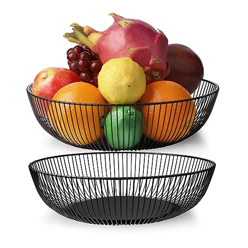 EXLECO 2er Metall Obstkorb Schwarze Obstschale mit Metallgrundplatte Metalldraht Obstaufbewahrungskorb Vintage Multifunktionaler Obstkorb aus Eisen Deko Drahtkorb (28 * 14.5 * 7cm) von EXLECO