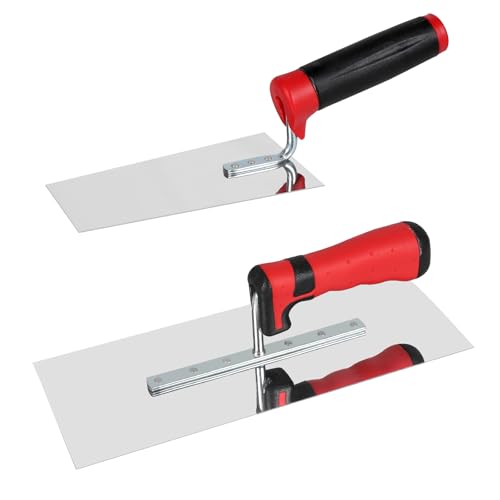 EXLECO 430 Edelstahl Glättekelle mit Softgriff, 2-teiliges Set Traufel 28x11cm & 16x7x9cm Spachtel Kelle, Maurerkelle, Putzkelle, Stukkateurkelle, Spachtel Werkzeug zum Verputzen, Glätten, Spachteln von EXLECO