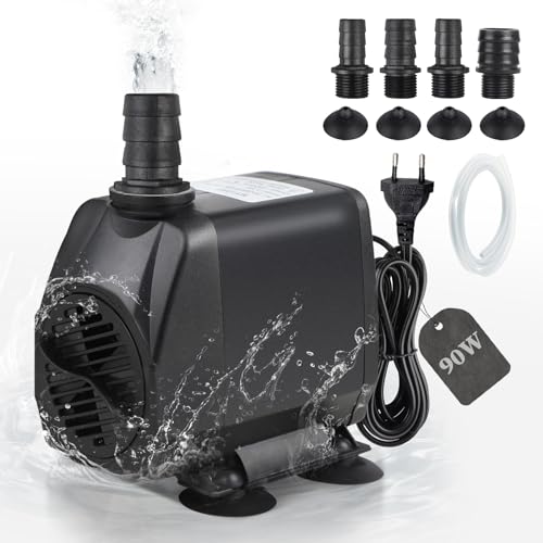 EXLECO 4500L/H 90W Aquariumpumpe Tauchpumpen Förderpumpe Wasserpumpe Fontäne Pumpe Eco Filterpumpe Ultra Leise Springbrunnen Pumpe mit 2M Kabel 4 Düse Schlauch Stecken für Aquarium Brunnen Steingarten von EXLECO