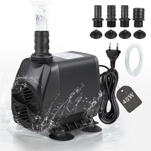 EXLECO Aquariumpumpe Tauchpumpen Förderpumpe 2500L/H 45W Wasserpumpe Fontäne Pumpe Filterpumpe Ultra Leise Springbrunnen Pumpe mit 2M Kabel 4 Düse Schlauch Stecken für Aquarium Brunnen Steingarten von EXLECO