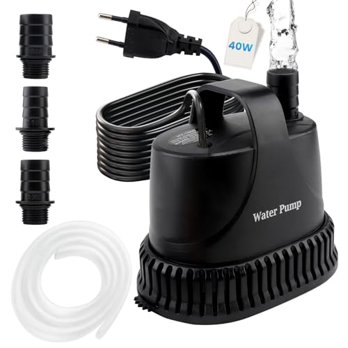 EXLECO Aquariumpumpe Tauchpumpen Förderpumpe 3000L/H 40W 230V Mini Wasserpumpe Fontäne Pumpe Filterpumpe Ultra Leise Springbrunnen Pumpe Förderhöhe 3m mit 2M Kabel 2 Düse Schlauch für Aquarium Teich von EXLECO