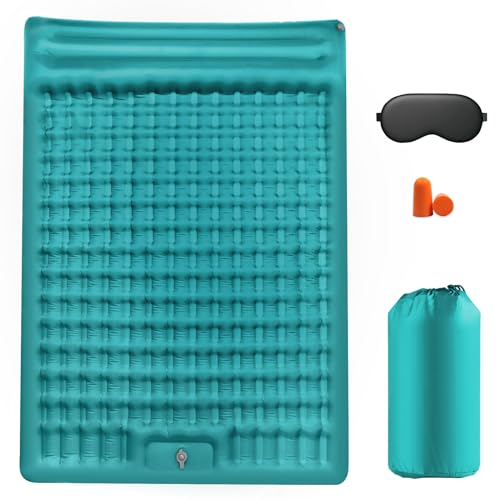 EXLECO Camping Isomatte 2 Personen Selbstaufblasend Luftmatratze Outdoor Camping Matratze Isomatte Faltbar Ultraleicht Luftbett mit Kissen Aufblasbar Bett Camping Matte für Zelt Seeblau Upgrade von EXLECO