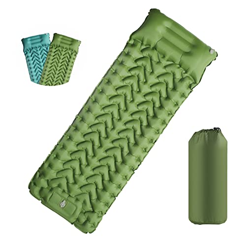EXLECO Camping Isomatte Selbstaufblasend Luftmatratze Outdoor Camping Matratze mit Kissen Isomatte Faltbar Ultraleicht Luftbett Aufblasbar Bett Campingmatte mit Fußpumpe für Strand Zelt Hikenture Grün von EXLECO