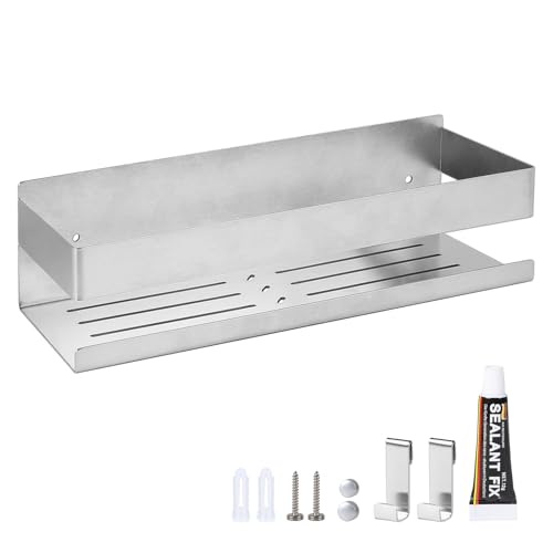 EXLECO Duschablage Ohne Bohren Duschregal Wand Edelstahl Badregal mit 2 Haken Duschkorb Selbstklebende Bad Regal Badezimmer Aufbewahrung Wandregal für Shampoo Duschgel 30CM 7.5cm Hoch Gebürstet Silber von EXLECO