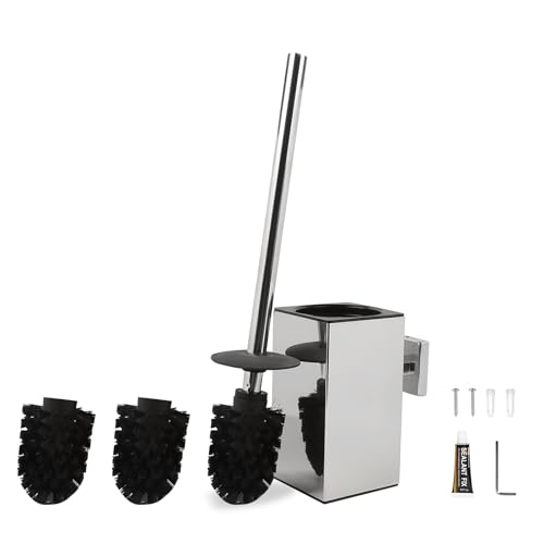 EXLECO Edelstahl Toilettenbürste WC Bürste mit 2 Ersatzbürste Wasserauffangbehälter Klobürste und Behälter Set Wandmontage Stehen mit Deckel Klobürstenhalter Badezimmer Accessoires WC Garnitur Chrom von EXLECO