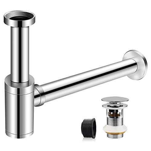 EXLECO Siphon mit Ablaufgarnitur 1 1/4" x Ø 32mm Edelstahl Siphon Geruchsverschluss Verstellbar Universal Chrom Röhrensiphon Röhrengeruchsverschluss für Waschbecken Waschtisch mit Uberlaufloch von EXLECO