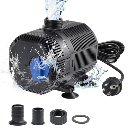 EXLECO Teichpumpe Filterpumpe 2300L/H Wasserpumpe Bachlaufpumpe Springbrunnenpumpe mit Filter 35W Aquariumpumpe Fontänenpumpe Pumpe zum Anschluss an Bachlauffilter 10M Kabel 2 Düse für Garten Teich von EXLECO