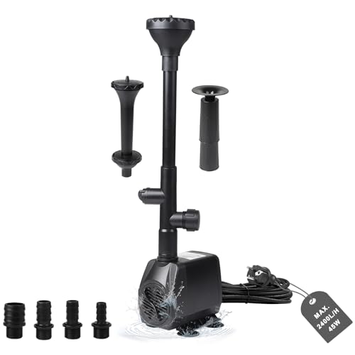 EXLECO Teichpumpe Springbrunnenpumpe Außen 2500L/H Wasserpumpe Bachlaufpumpe 45W Fontäne Pumpe Aquariumpumpe Filterpumpe Brunnen Pumpe mit 4 Düse 5M Kabel 3 Fontänenstile für Teichbecken Steingarten von EXLECO