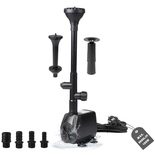 EXLECO Teichpumpe Springbrunnenpumpe Außen 4500L/H Wasserpumpe Bachlaufpumpe 95W Fontäne Pumpe Aquariumpumpe Filterpumpe Brunnen Pumpe mit 4 Düse 5M Kabel 3 Fontänenstile für Teichbecken Steingarten von EXLECO