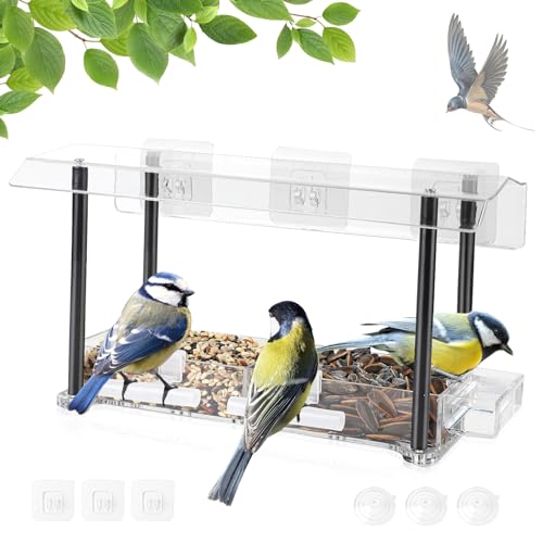 EXLECO Vogelhaus Fenster Futterhaus Transparent Acryl Vogelfutterspender Vogelhäuschen Vogelhaus Fensterscheibe Vogelhaus Balkon mit 3 Saugnäpfen 6 Haken für Meisen Spatzen Wildvögel von EXLECO