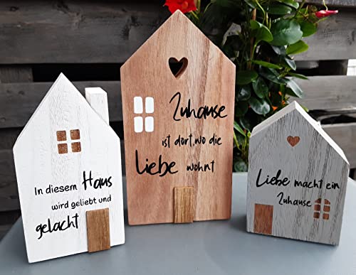 EXNER Deko Haus 3er Set Zuhause, Liebe und Lachen Schriftzug Holz Deko Häuser Holzhaus Tischdeko maritim Herz Home Sweet Home von EXNER