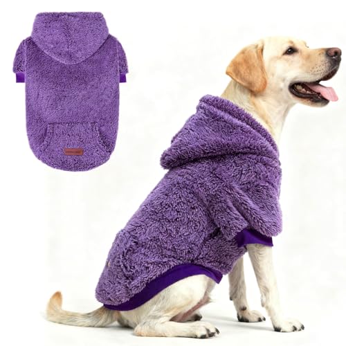 EXPAWLORER Fuzzy Sweaters, doppelseitiger Plüsch-Fleece, weicher Hunde-Kapuzenpullover – Wintermantel, Sherpa-Kapuzen-Sweatshirt für kleine bis große Hunde (Lila, L) von EXPAWLORER
