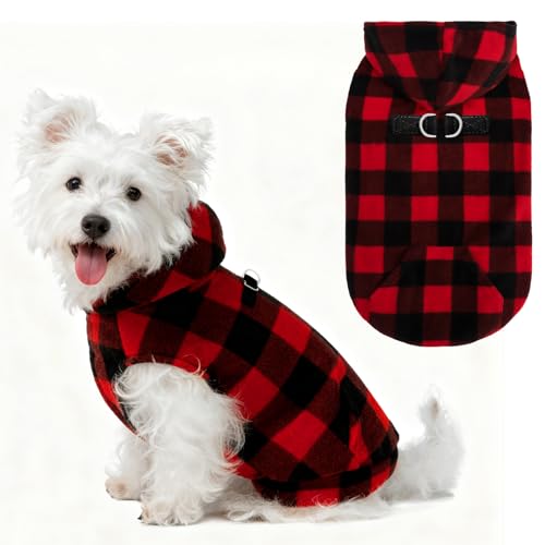 EXPAWLORER Hunde-Kapuzenpullover aus Fleece, kariert, für Herbst und Winter, Haustierkleidung mit Leinen-Ring, ärmellos, warm, gemütlich, Welpenbekleidung für Katzen, kleine, mittelgroße und große von EXPAWLORER