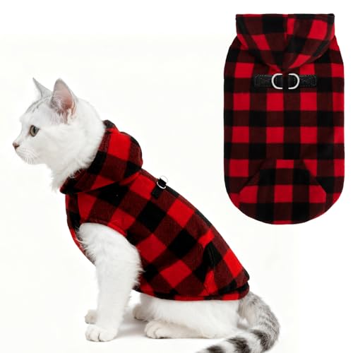 EXPAWLORER Hunde-Kapuzenpullover aus Fleece, kariert, für Herbst und Winter, Haustierkleidung mit Leinen-Ring, ärmellos, warm, gemütlich, Welpenbekleidung für Katzen, kleine, mittelgroße und große von EXPAWLORER