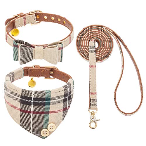 EXPAWLORER Hundehalsband mit Leine - Einstellbarer Hundehalsband mit Tuch Fliege und haltbarer weicher Hundeleine, moderner Halsband und Leine Set für Katze kleine mittelgroße große Hunde, Beige S-M von EXPAWLORER