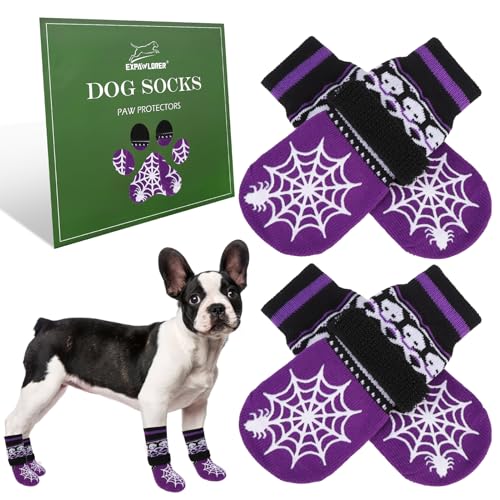 EXPAWLORER Hundesocken, Halloween-Motiv, verhindern Pfotenlecken, Hundestiefel mit Antirutschbeschichtung, für Holzböden, für kleine/mittelgroße/große/Seniorenhunde, Lila Geist, Größe M von EXPAWLORER