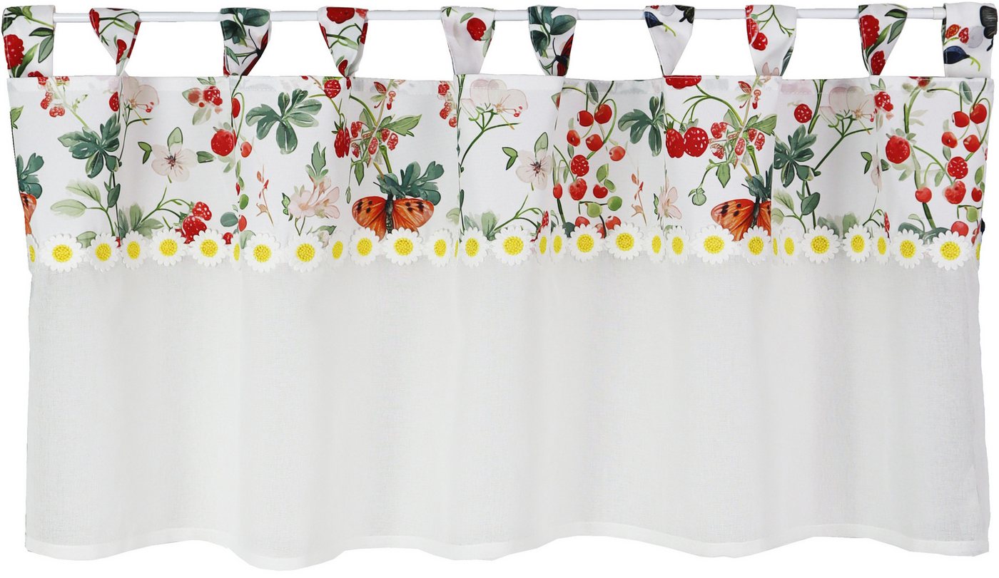 EXPERIENCE Scheibengardine Bistrogardine Erdbeeren Blumen 48x140 cm, Käseleinen mit Applikation, Schlaufe (1 St), halbtransparent, Applikation von EXPERIENCE