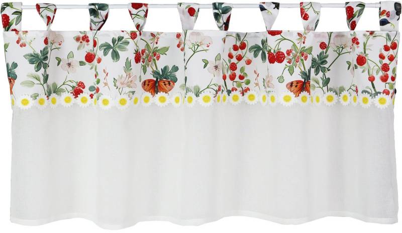 EXPERIENCE Scheibengardine Bistrogardine Erdbeeren Blumen 48x140 cm, Käseleinen mit Applikation, Schlaufe (1 St), halbtransparent, Applikation von EXPERIENCE