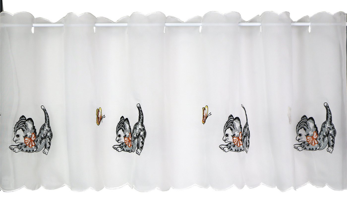 EXPERIENCE Scheibengardine Bistrogardine Katze Schmetterling Weiß Grau 44x140 cm Voile Stickerei, Ösen (1 St), transparent, bestickt von EXPERIENCE