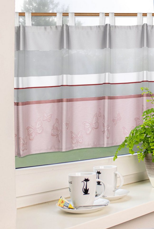 EXPERIENCE Scheibengardine Scheibengardine Küchengardine Schlaufengardine 2289 Weiß Rosa 50 x 140 cm Schmetterlinge, Schlaufen (1 St), halbtransparent, Eine Polyesterqualität bezeichnet eine Chemiefaser, bei der es sich um ein sehr pflegeleichtes Material handelt. Die Ware ist sowohl formbeständig als auch strapazierfähig. Außerdem läuft sie nicht ein und hat eine hohe Lichtbeständigkeit., mit 10 Schlaufen von EXPERIENCE