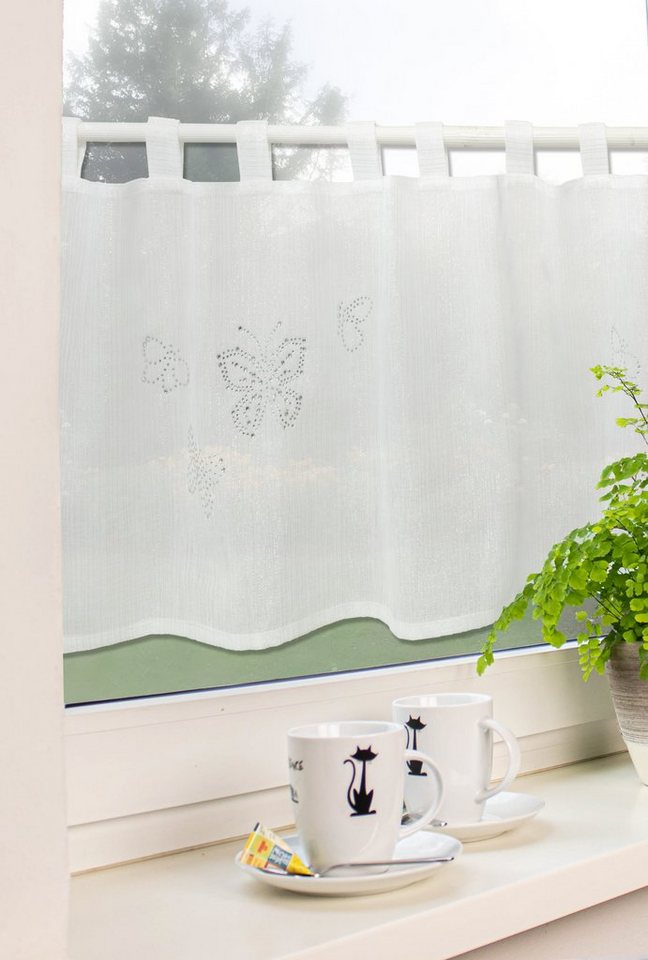 EXPERIENCE Scheibengardine Schlaufengardine Kurzgardine Scheibengardine Bistrogardine 2469 Schmetterlinge Weiß Silber 48x140 cm, Schlaufen (1 St), halbtransparent, Effektvoile, mit Strasssteinen von EXPERIENCE