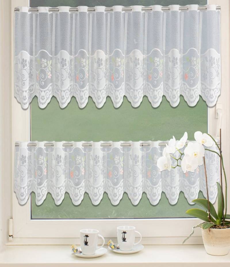 EXPERIENCE Scheibengardine Bistrogardine Set Scheibengardine Küchengardine 2342 30, 50 x 160 cm Weiß Bunt Blumen (2 St), Stangendurchzug, halbtransparent, Wirkware, Durchzugslöcher von EXPERIENCE