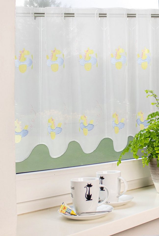 EXPERIENCE Scheibengardine Scheibengardine Kurzgardine Kindergardine Bistrogardine Ruby Pony Flugzeug Weiß Bunt 45x155 cm (1 St), Durchzuglöcher, halbtransparent, Kindergardine von EXPERIENCE