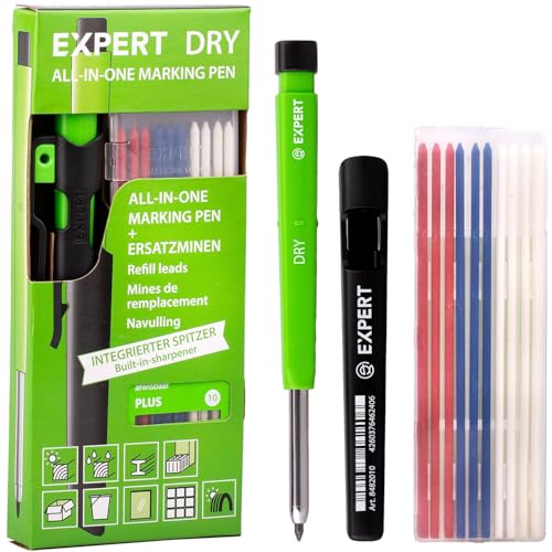 EXPERT DRY All-in-One Markierstift inkl. 11 Minen | Nachfüllbarer Tieflochmarker mit Plus-Minen-Set | Vielseitig auf Holz, Glas, Metall | Zimmermannsbleistift mit integriertem Spitzer | Minenautomatik von EXPERT
