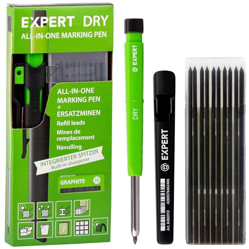 EXPERT DRY All-in-One Markierstift inkl. 11 Minen mit integriertem Spitzer | Nachfüllbarer Tieflochmarker mit Graphit-Set | Vielseitig auf Holz, Glas, Metall | Zimmermannsbleistift mit Minenautomatik von EXPERT