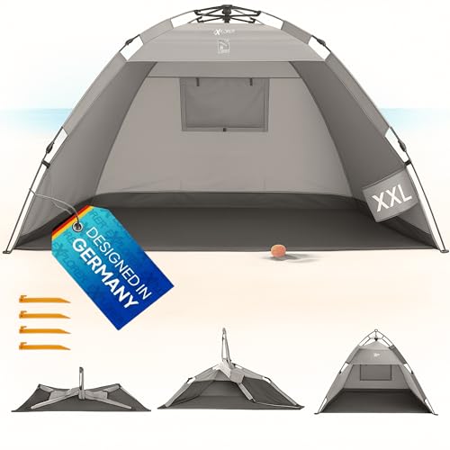EXPLORER XXL Automatik Strandmuschel mit UV Schutz 80+ [220x150x130cm] kleines Packmaß leicht und schnell in Sekunden aufgebautes Strandzelt Sonnenschutz Muschel automatisch Windschutz grau-Sand von EXPLORER