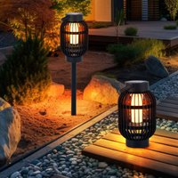 LED Solarleuchte Tischleuchte Flammeneffekt 2in1 Steckleuchte Außenlampe Gartenleuchte Erspieß, Kunststoff schwarz, mit Tragehenkel Akku, H 72,5 cm, von EXPO BÖRSE