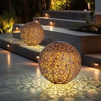 Solarleuchte für Außen Kugel Solar Gartendeko Solarlampe rost Erdspieß, Blumen Dekorstanzungen, Metall, led warmweiß, d 20 cm, 2er Set von EXPO BÖRSE