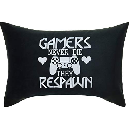 Zocker Sessel Kissen mit lustigem Spruch 40x60cm "Gamers never die - they respawn" lustiges Geburtstagsgeschenk Wohnzimmer Dekokissen mit Füllung Computerspiel Gamer Sofakissen | schwarz von EXPRESS-STICKEREI