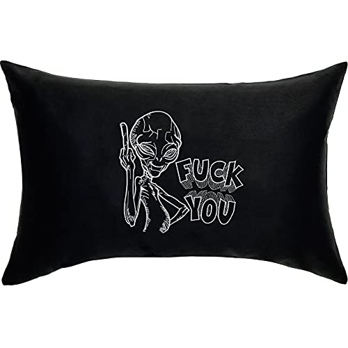 Lustiges Kissen "F*CK YOU" Alien Kissenbezug | Mittelfinger Dekokissen mit Füllung Wohnzimmer Sofakissen groß Polsterüberzug | Biker Geschenk Heavy Metal Autokissen | 40x60cm | schwarz von EXPRESS-STICKEREI