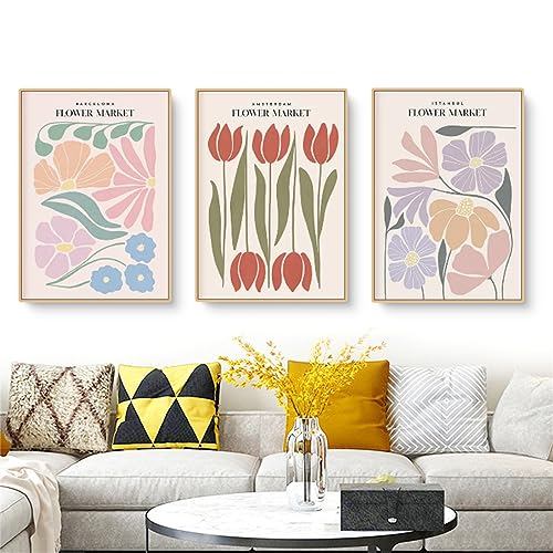 3er FLOWER MARKET Poster 50×70 Stilvolles Blumen Bilder Set Kunstdrucke Bilder Moderne Vintage Bilder Wanddeko Ohne Rahmen Premium Poster Set Für Wohnzimmer Schlafzimmer Esszimmer (30*40cm) von EXQUILEG