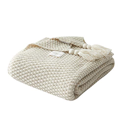 EXQUILEG 100% Baumwolle Kuscheldecke Tagesdecke Gestrickte überwurf Decke Ultra Weich Warm Wohn-Kuscheldecke für Baby Couch Bett Sofa Stuhl Auto Büro (Beige,130 x 170 cm) von EXQUILEG