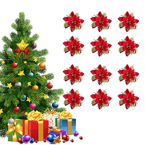 EXQUILEG 12 Stück Weihnachtsblumen(13CM) Künstliche Weihnachtsstern Blumen Weihnachtsbaum Blumenschmuck Ornamente Für Weihnachtsbaum Neujahr Hochzeit (Goldenes Rot) von EXQUILEG