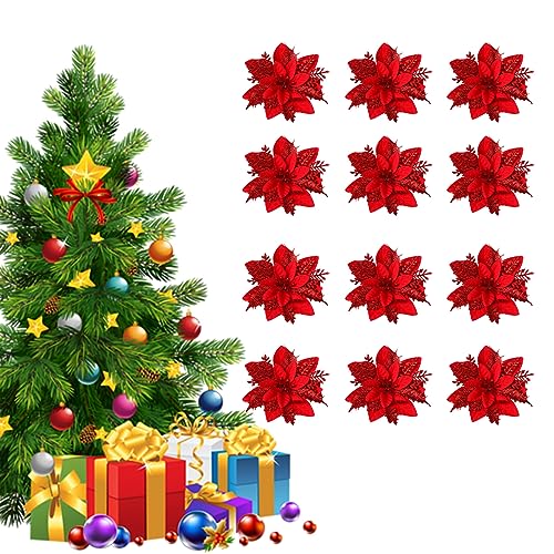EXQUILEG 12 Stück Weihnachtsblumen(13CM) Künstliche Weihnachtsstern Blumen Weihnachtsbaum Blumenschmuck Ornamente Für Weihnachtsbaum Neujahr Hochzeit (Rot) von EXQUILEG