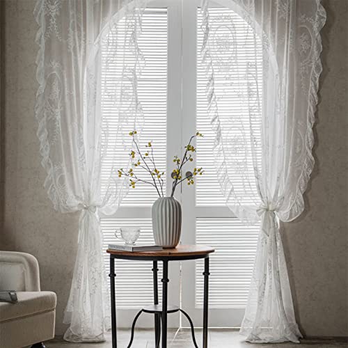 EXQUILEG 1er-Pack Vorhänge Weiß Transparent Spitze Vintage Rüschengardine Chic Gardine Vorhang Fensterschal für Wohnzimmer Schlafzimmer (150x160cm) von EXQUILEG