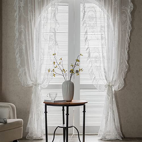EXQUILEG 1er-Pack Vorhänge Weiß Transparent Spitze Vintage Rüschengardine Chic Gardine Vorhang Fensterschal für Wohnzimmer Schlafzimmer (150x180cm) von EXQUILEG