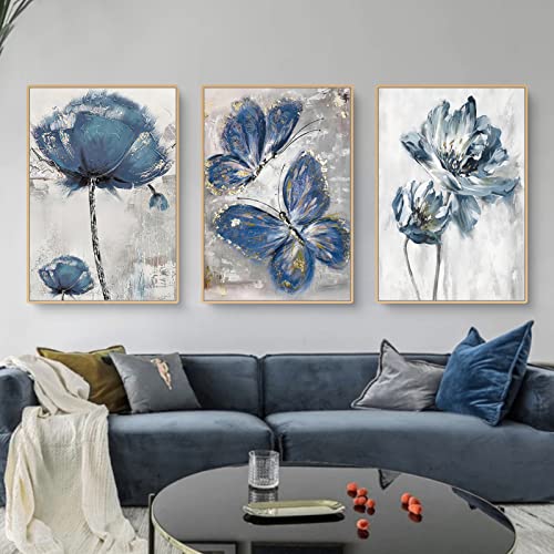 EXQUILEG 3-teiliges Premium Poster Set, Blau Aesthetic Blume Schmetterling Leinwand Kunstposter Ohne Rahmen Moderne Wandbilder für Wohnzimmer Deko (40 x 50 cm) von EXQUILEG