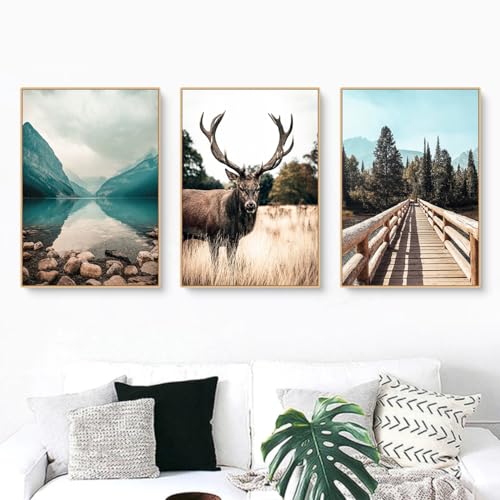 EXQUILEG 3er Bilder Set Wald Hirsch Modern Natur Berge Stilvolles Kunstdrucke Moderne Wandbilder Realismus Stil Wanddeko Ohne Rahmen Premium Für Wohnzimmer Schlafzimmer Esszimmer (40 * 60cm) von EXQUILEG