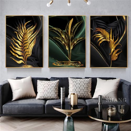 EXQUILEG 3er Set Poster, Wald Goldene Blätter Palmblatt, Modern schwarz Gold botanische Tropische Pflanze Blätter Leinwand Wandkunst Bilder für Wohnzimmer, Ohne Rahmen (50 * 70cm) von EXQUILEG