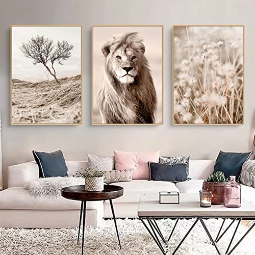 EXQUILEG 3er Set Premium Poster, Beige Boho Natur Landschaft Löwe, Moderne Wandbilder für Wohnzimmer und Schlafzimmer - ohne Bilderrahmen (30 x 40 cm) von EXQUILEG