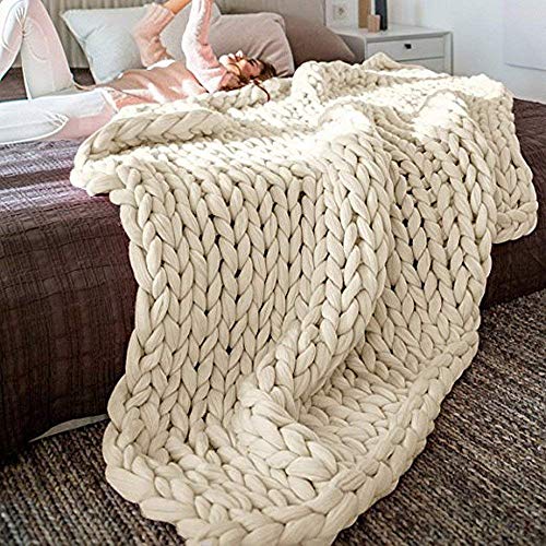 EXQUILEG Gestrickte Decke Grobe Handgefertigt Strickdecke Wolle Arm Garn Haustier Bett Stuhl Sofa Super Stricken Sperrig Chunky Wolldecke Zuhause Dekor Geschenk (Beige,120 * 180cm) von EXQUILEG