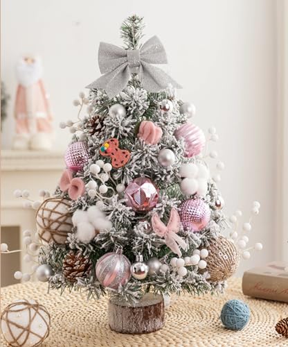 EXQUILEG Künstlicher Mini Weihnachtsbaum, 45cm/60cm Tischplatte Weihnachtsbaum, Kleiner Tannenbaum Für Tisch Mit LED-Lichterketten Und Sieben Dekorationen (Rosa,60cm) von EXQUILEG